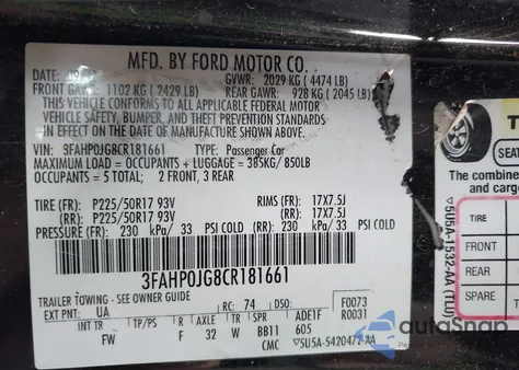 2012 Ford Fusion Sel z USA, uszkodzony, nr VIN 3FAHP0JG8CR181661
